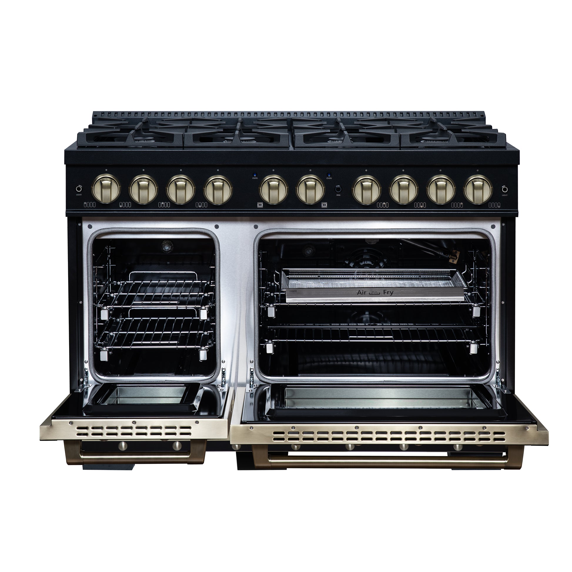 Valente 48" Gas Range in Black, 8 Sealed Burnes, 94 000 BTU Cooktop Output, 6.7 Cu.Ft. Double Oven, Telescopic Racks - Forno Appliances