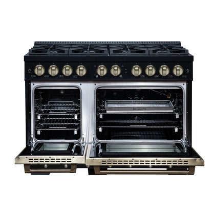 Valente 48" Gas Range in Black, 8 Sealed Burnes, 94 000 BTU Cooktop Output, 6.7 Cu.Ft. Double Oven, Telescopic Racks - Forno Appliances