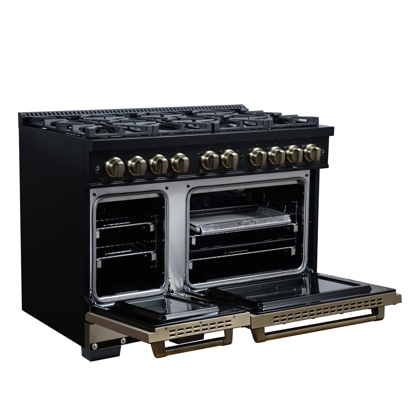 Valente 48" Gas Range in Black, 8 Sealed Burnes, 94 000 BTU Cooktop Output, 6.7 Cu.Ft. Double Oven, Telescopic Racks - Forno Appliances