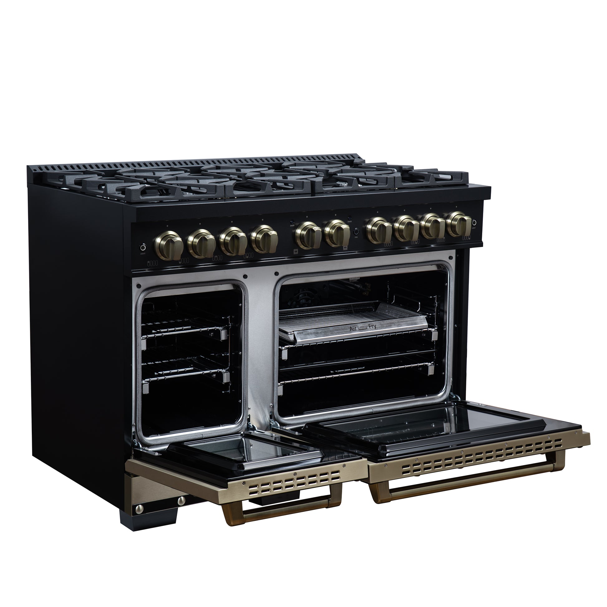 Valente 48" Gas Range in Black, 8 Sealed Burnes, 94 000 BTU Cooktop Output, 6.7 Cu.Ft. Double Oven, Telescopic Racks - Forno Appliances
