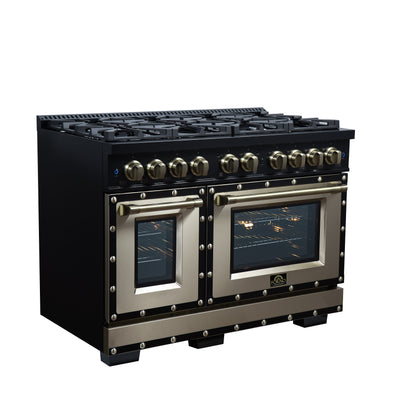 Valente 48" Gas Range in Black, 8 Sealed Burnes, 94 000 BTU Cooktop Output, 6.7 Cu.Ft. Double Oven, Telescopic Racks - Forno Appliances
