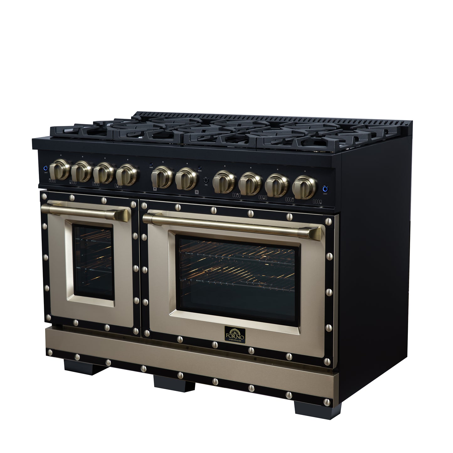 Valente 48" Gas Range in Black, 8 Sealed Burnes, 94 000 BTU Cooktop Output, 6.7 Cu.Ft. Double Oven, Telescopic Racks - Forno Appliances