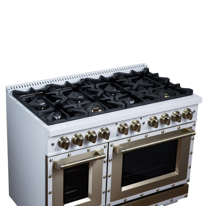 Valente 48" Gas Range in White, 8 Sealed Burnes, 94 000 BTU Cooktop Output, 6.7 Cu.Ft. Double Oven, Telescopic Racks - Forno Appliances