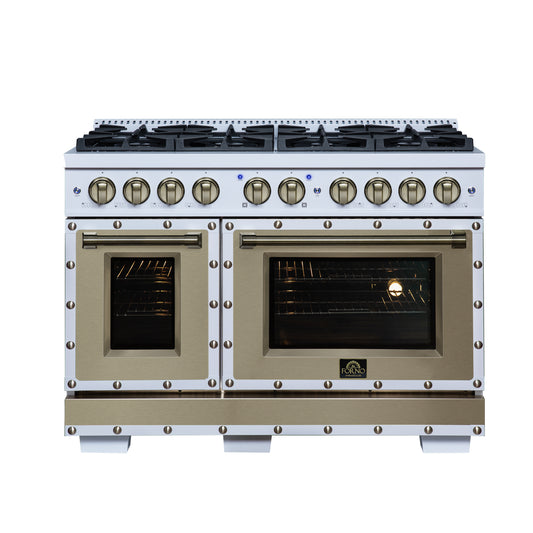 Valente 48" Gas Range in White, 8 Sealed Burnes, 94 000 BTU Cooktop Output, 6.7 Cu.Ft. Double Oven, Telescopic Racks - Forno Appliances