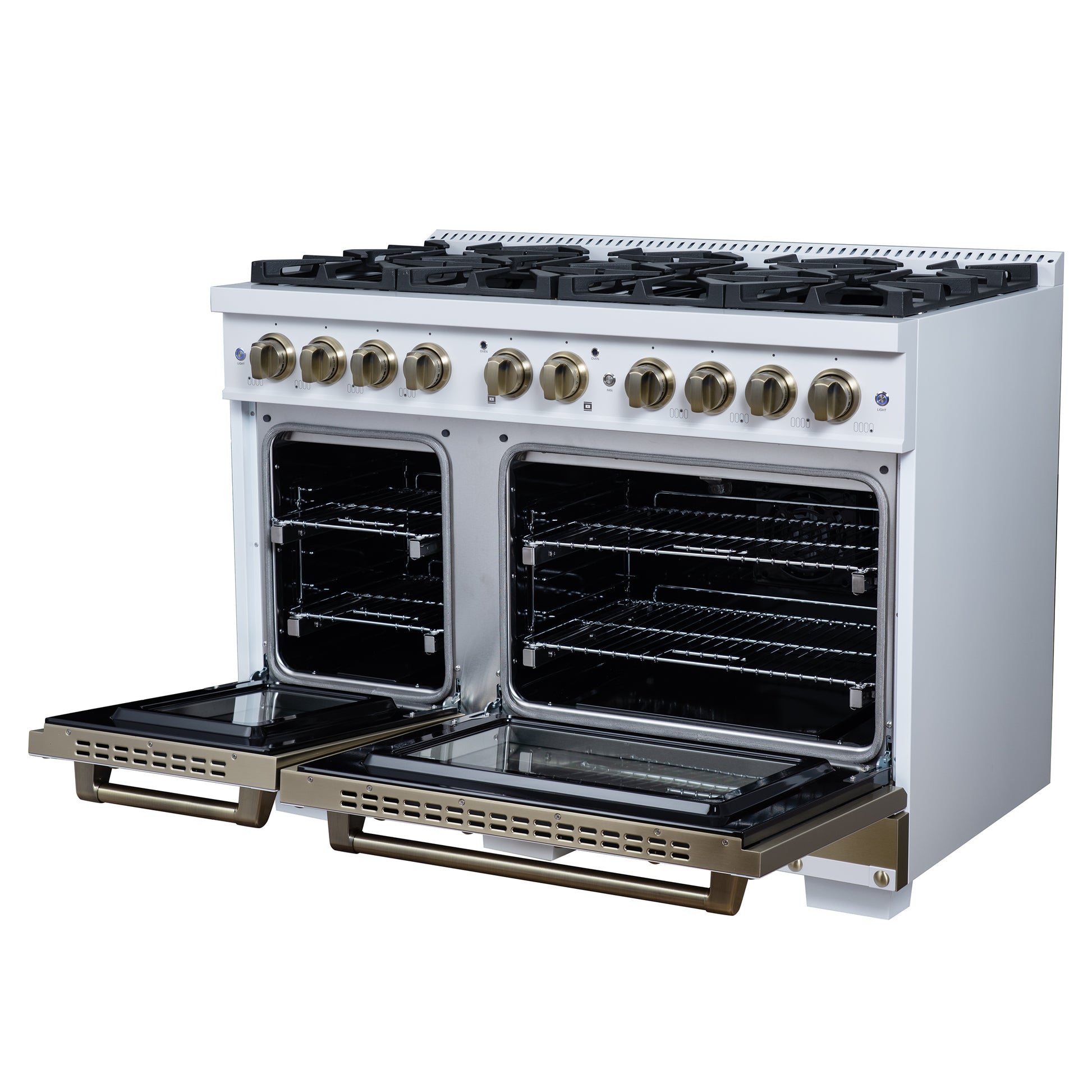 Valente 48" Gas Range in White, 8 Sealed Burnes, 94 000 BTU Cooktop Output, 6.7 Cu.Ft. Double Oven, Telescopic Racks - Forno Appliances