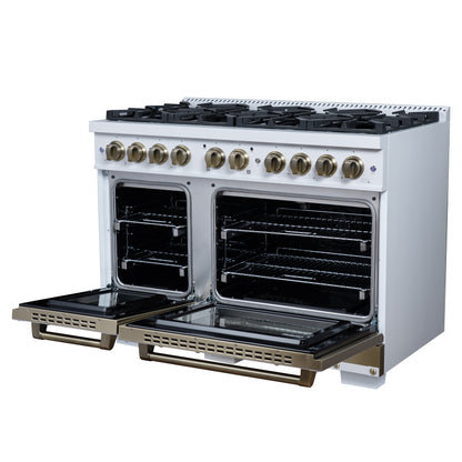 Valente 48" Gas Range in White, 8 Sealed Burnes, 94 000 BTU Cooktop Output, 6.7 Cu.Ft. Double Oven, Telescopic Racks - Forno Appliances