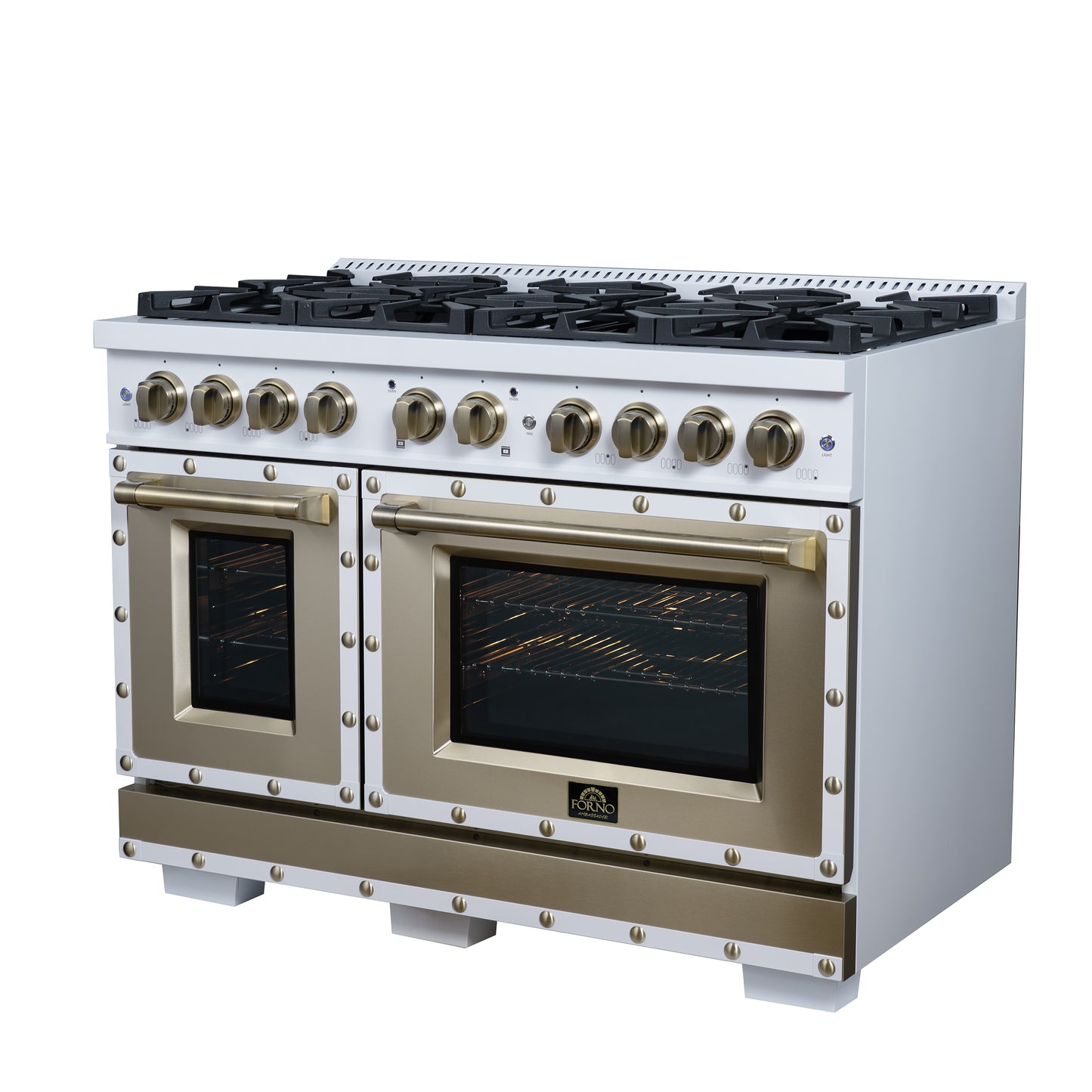 Valente 48" Gas Range in White, 8 Sealed Burnes, 94 000 BTU Cooktop Output, 6.7 Cu.Ft. Double Oven, Telescopic Racks - Forno Appliances