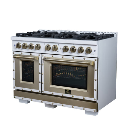Valente 48" Gas Range in White, 8 Sealed Burnes, 94 000 BTU Cooktop Output, 6.7 Cu.Ft. Double Oven, Telescopic Racks - Forno Appliances