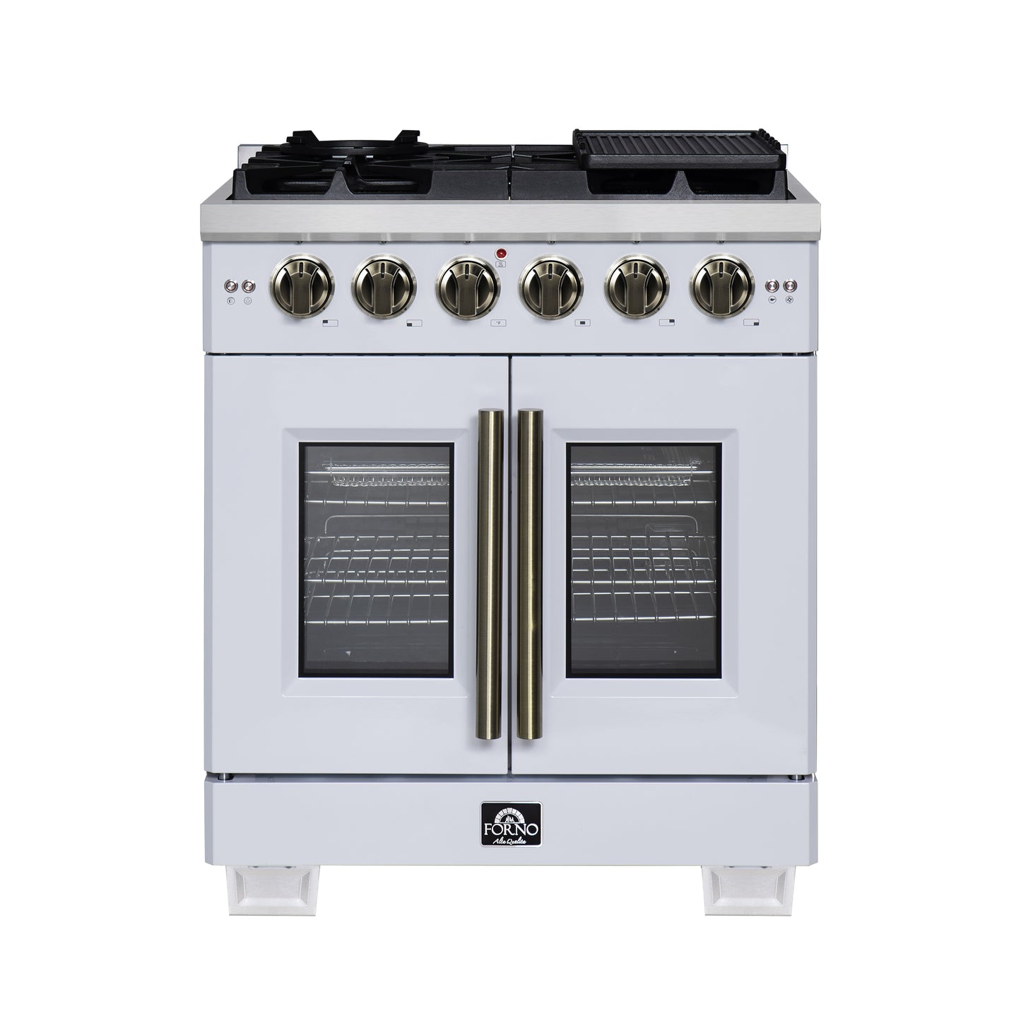 Forno Capriasca 30-Inch White Freestanding French Door Gas Range, 4 Burners, Convection Oven, Energy Efficient