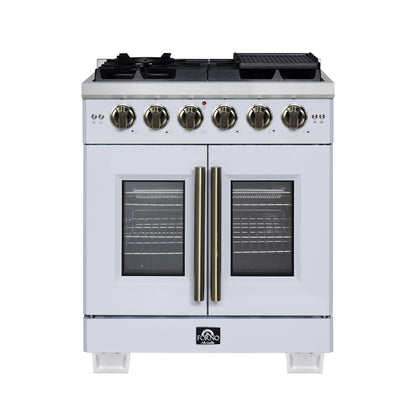 Forno Capriasca 30-Inch White Freestanding French Door Gas Range, 4 Burners, Convection Oven, Energy Efficient