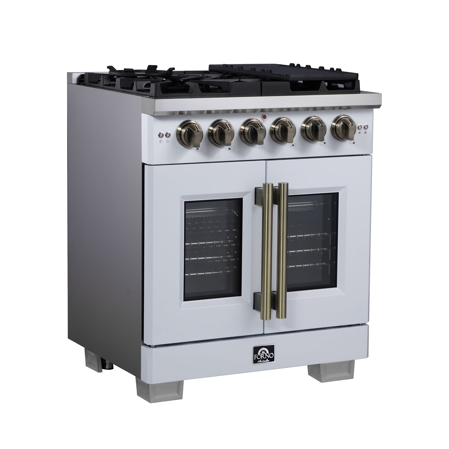 Forno Capriasca 30-Inch White Freestanding French Door Gas Range, 4 Burners, Convection Oven, Energy Efficient