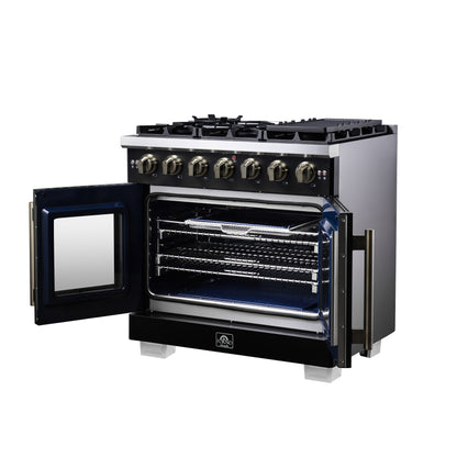 Forno Capriasca 36-Inch Black Freestanding French Door Gas Range, 6 Burners, Convection Oven, Energy Efficient