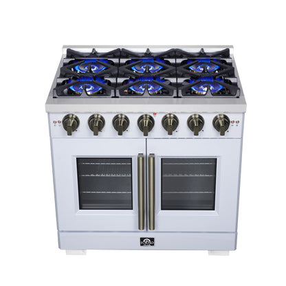 Forno Capriasca 36-Inch White Freestanding French Door Gas Range, 6 Burners, Convection Oven, Energy Efficient