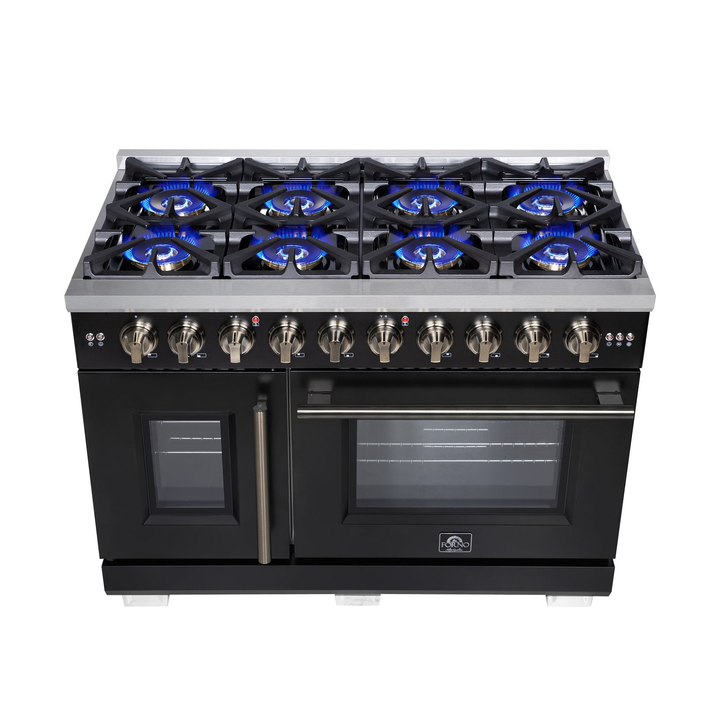 Forno Capriasca 48-Inch Black Freestanding French Door Gas Range, 8 Burners, Convection Oven, Energy Efficient