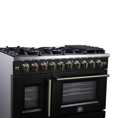 Forno Capriasca 48-Inch Black Freestanding French Door Gas Range, 8 Burners, Convection Oven, Energy Efficient