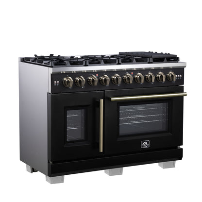 Forno Capriasca 48-Inch Black Freestanding French Door Gas Range, 8 Burners, Convection Oven, Energy Efficient