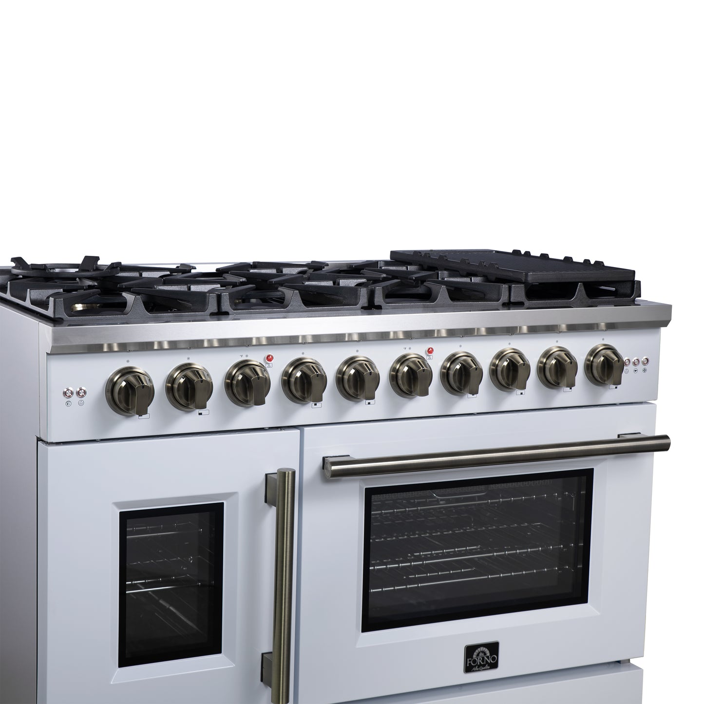Forno Capriasca 48-Inch White Freestanding French Door Gas Range, 8 Burners, Convection Oven, Energy Efficient