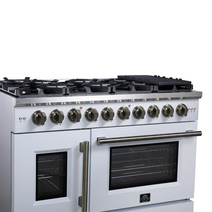 Forno Capriasca 48-Inch White Freestanding French Door Gas Range, 8 Burners, Convection Oven, Energy Efficient