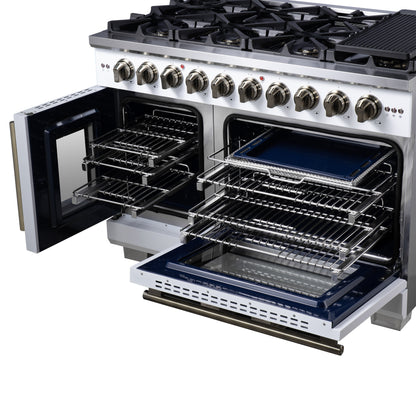 Forno Capriasca 48-Inch White Freestanding French Door Gas Range, 8 Burners, Convection Oven, Energy Efficient