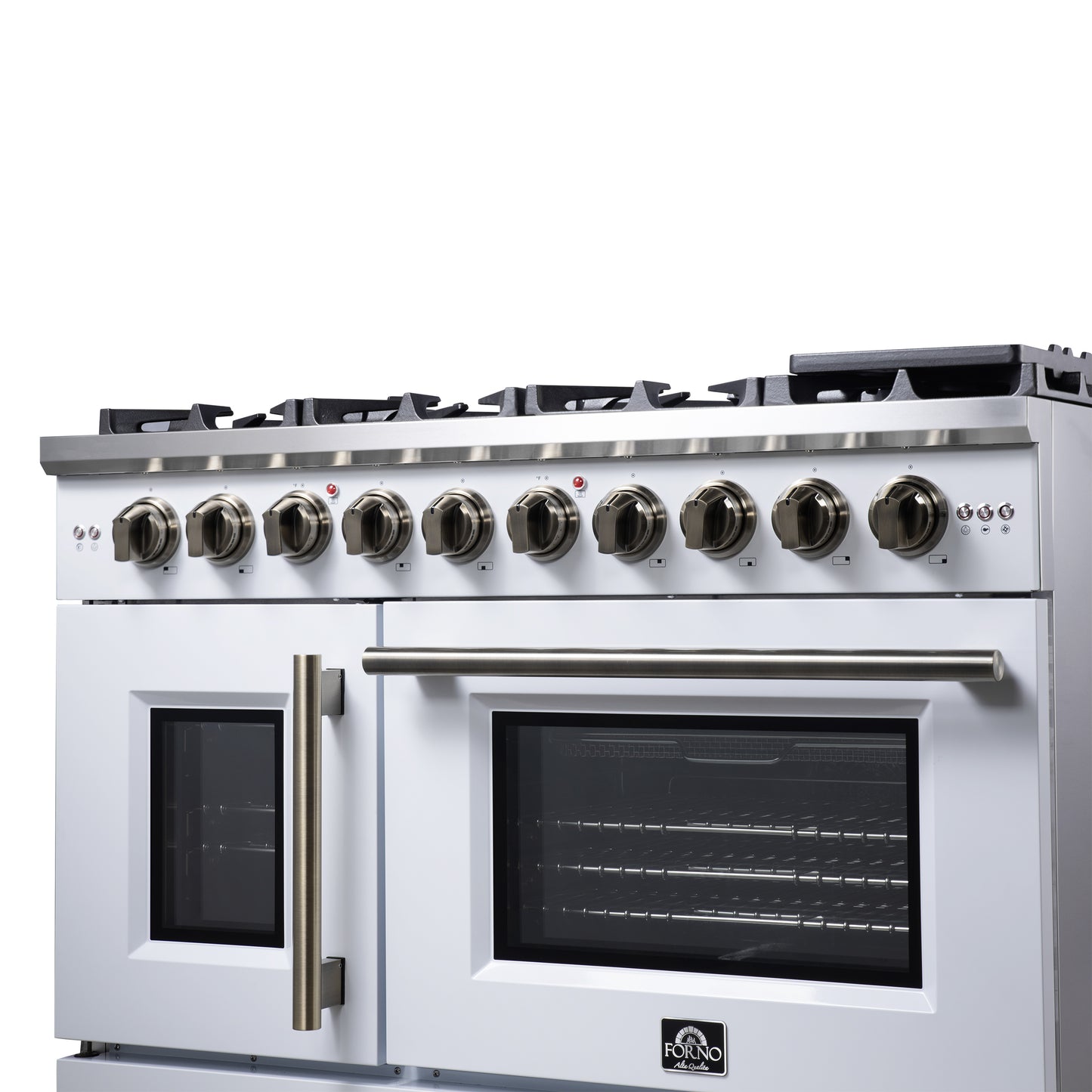Forno Capriasca 48-Inch White Freestanding French Door Gas Range, 8 Burners, Convection Oven, Energy Efficient