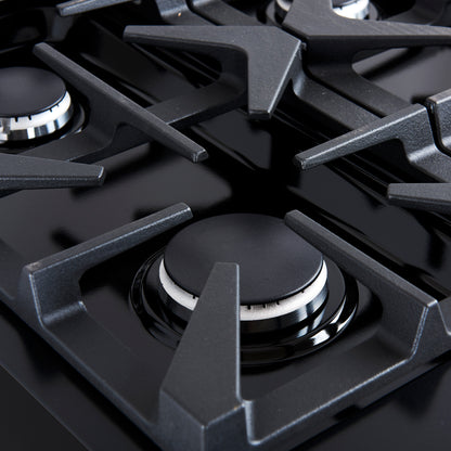 Cuisinière à gaz autonome Forno Antico de 36 pouces, noire, design en laiton antique, 6 brûleurs, four à convection, écoénergétique