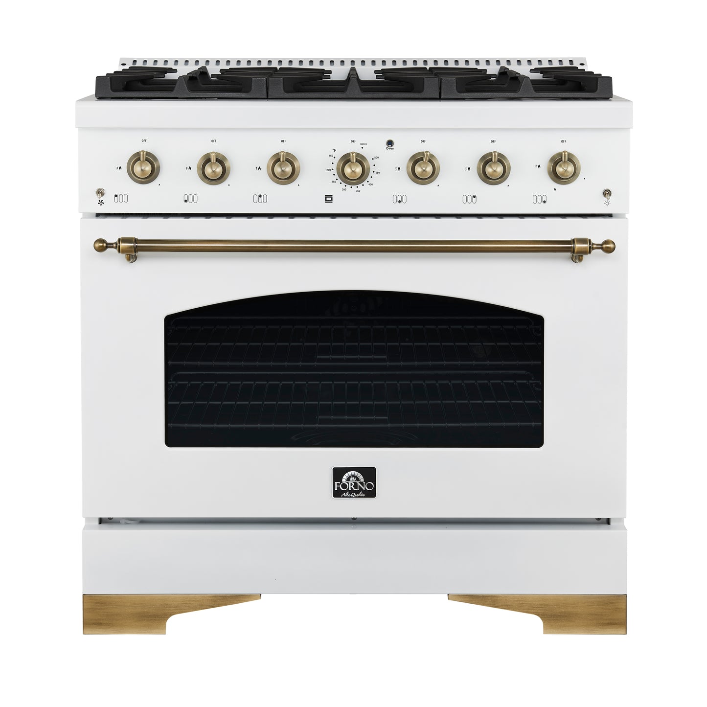 Cocina a gas independiente Forno Antico de 91 cm, color blanco, diseño de latón antiguo, 6 quemadores, horno de convección, de bajo consumo.