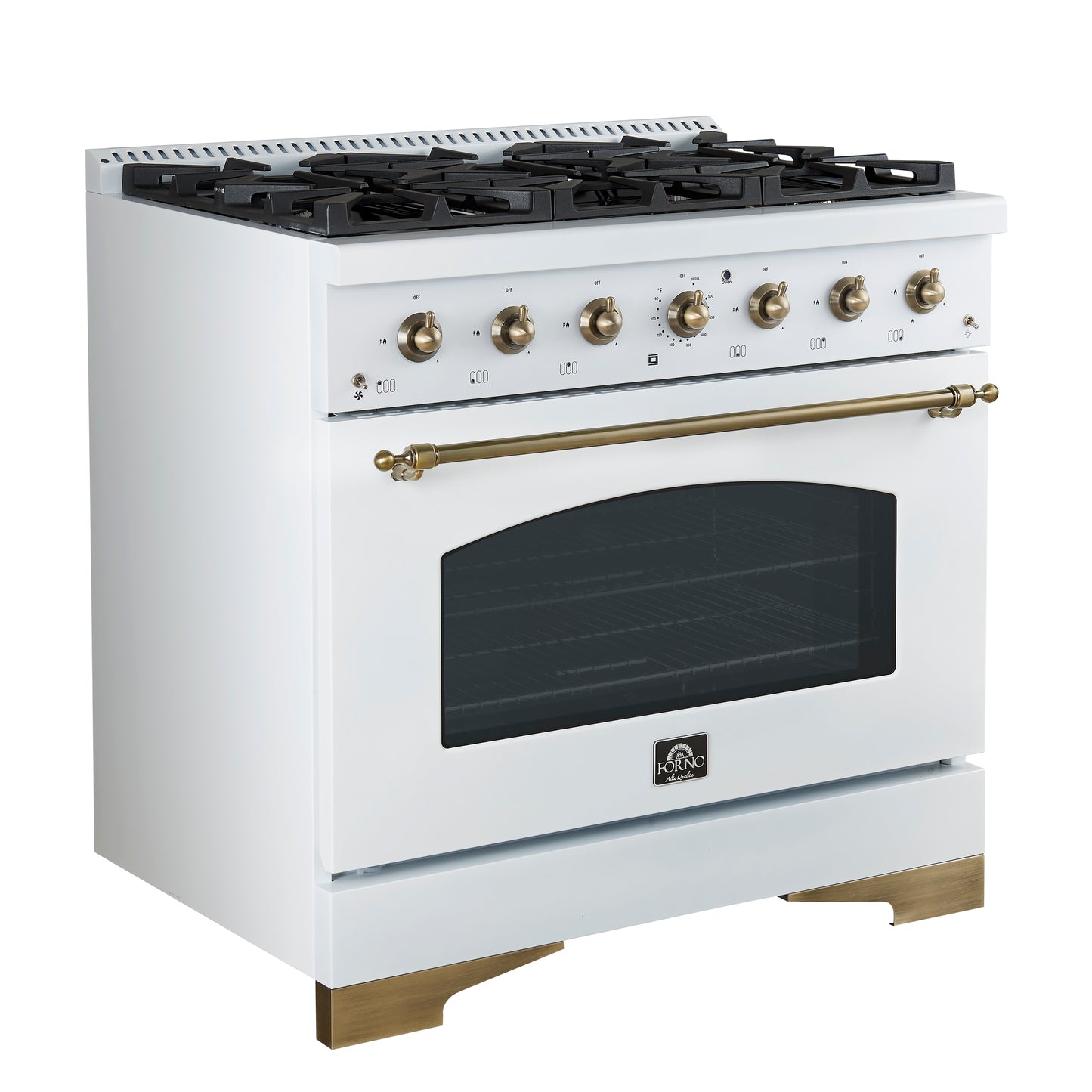 Cocina a gas independiente Forno Antico de 91 cm, color blanco, diseño de latón antiguo, 6 quemadores, horno de convección, de bajo consumo.