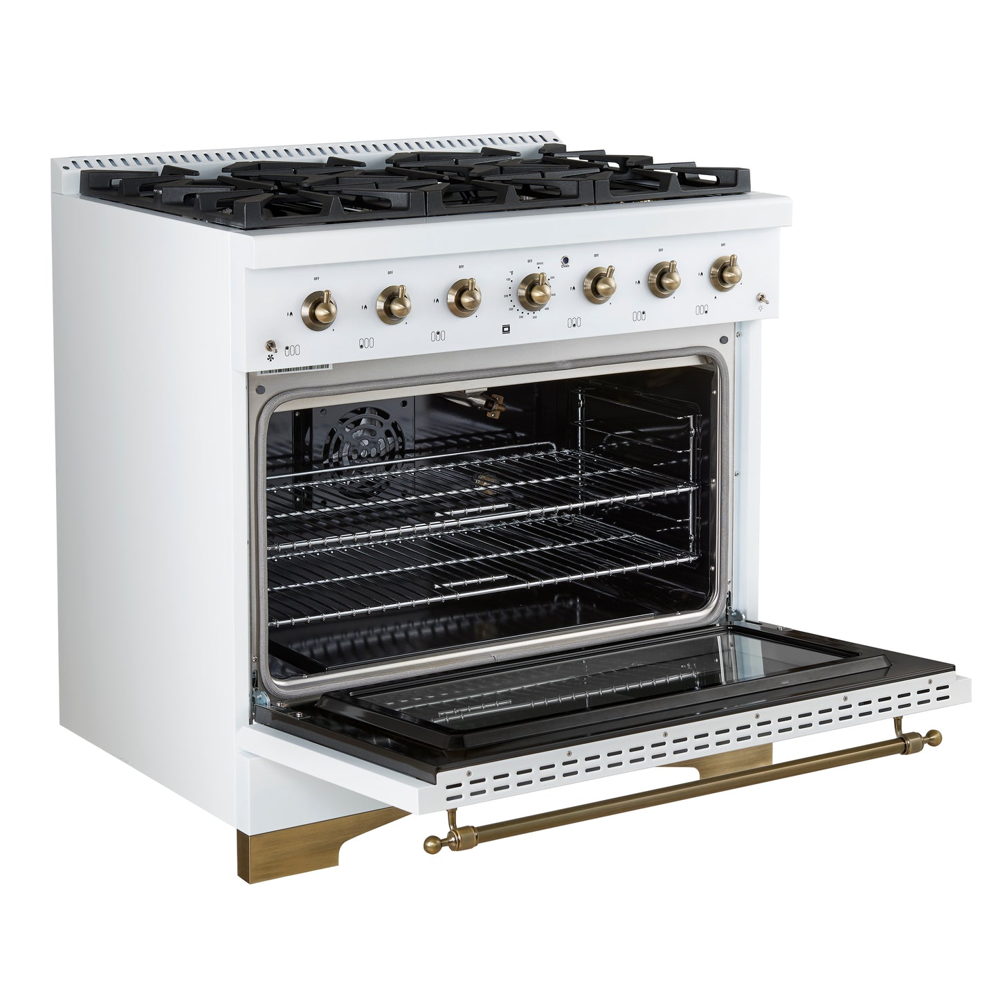 Cocina a gas independiente Forno Antico de 91 cm, color blanco, diseño de latón antiguo, 6 quemadores, horno de convección, de bajo consumo.