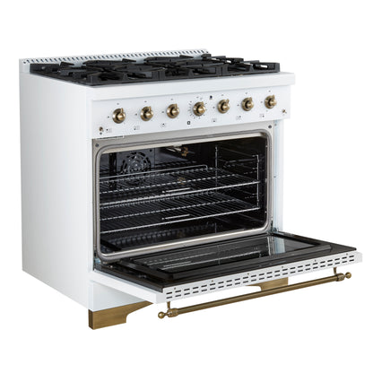 Cocina a gas independiente Forno Antico de 91 cm, color blanco, diseño de latón antiguo, 6 quemadores, horno de convección, de bajo consumo.