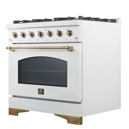 Cocina a gas independiente Forno Antico de 91 cm, color blanco, diseño de latón antiguo, 6 quemadores, horno de convección, de bajo consumo.