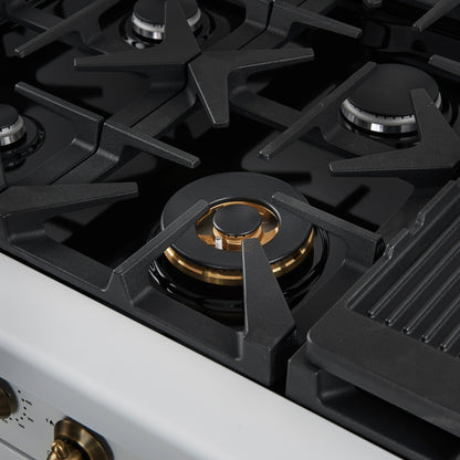 Cuisinière à gaz autonome Forno Antico de 48 pouces, blanche, design en laiton antique, 8 brûleurs, plaque de cuisson, fours doubles, écoénergétique