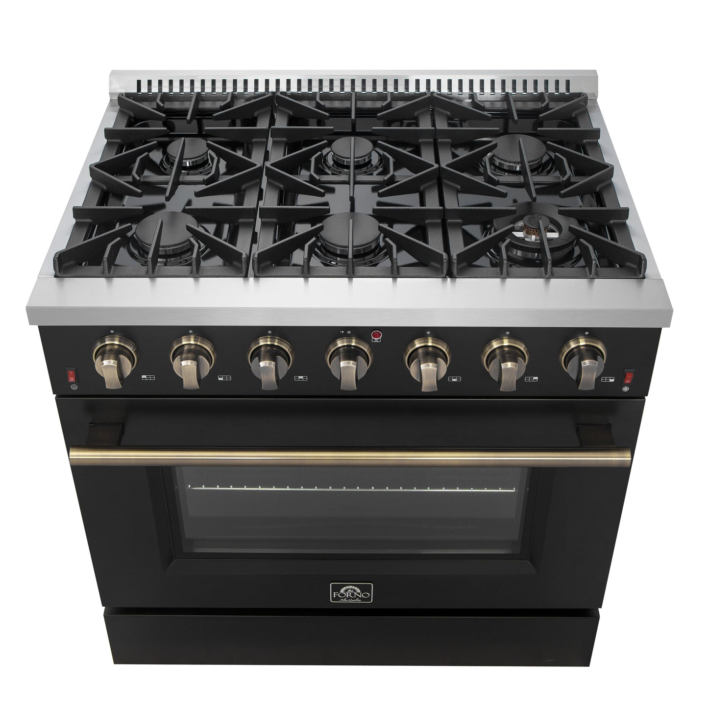 Cocina a gas independiente Forno Galiano de 91 cm en color negro con diseño de latón antiguo, 6 quemadores, 83 000 BTU, horno de convección de 1,6 m³
