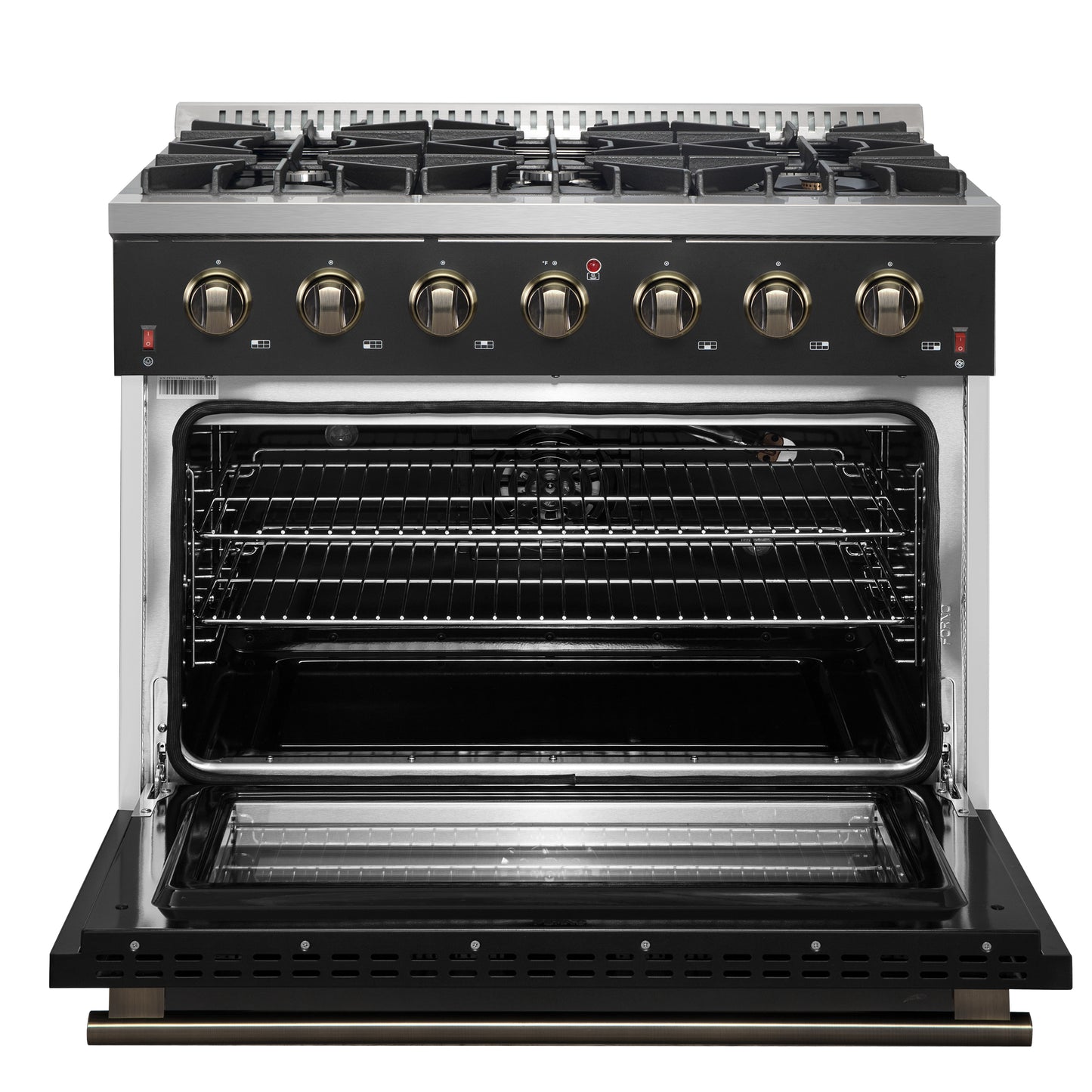 Cocina a gas independiente Forno Galiano de 91 cm en color negro con diseño de latón antiguo, 6 quemadores, 83 000 BTU, horno de convección de 1,6 m³