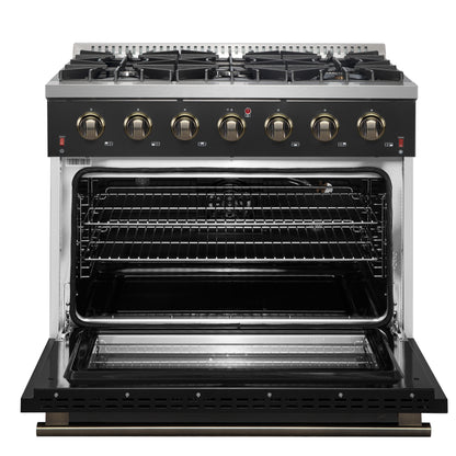 Cocina a gas independiente Forno Galiano de 91 cm en color negro con diseño de latón antiguo, 6 quemadores, 83 000 BTU, horno de convección de 1,6 m³