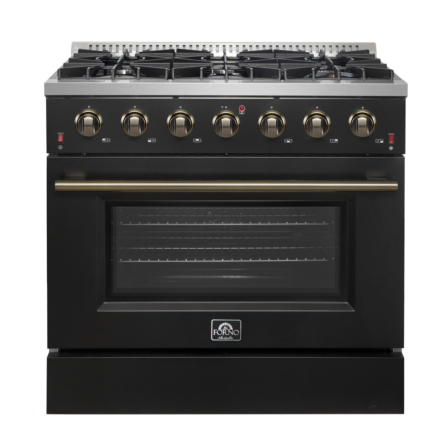 Cocina a gas independiente Forno Galiano de 91 cm en color negro con diseño de latón antiguo, 6 quemadores, 83 000 BTU, horno de convección de 1,6 m³