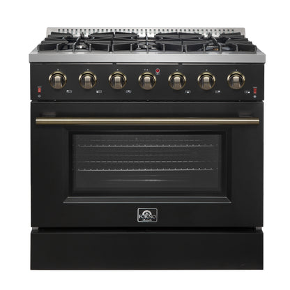 Cocina a gas independiente Forno Galiano de 91 cm en color negro con diseño de latón antiguo, 6 quemadores, 83 000 BTU, horno de convección de 1,6 m³