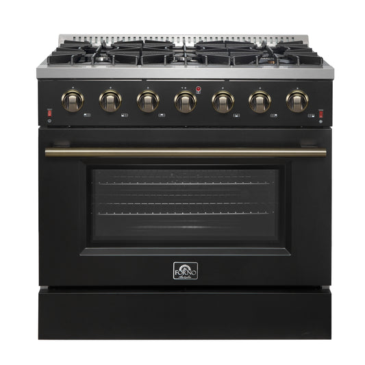 Cocina a gas independiente Forno Galiano de 91 cm en color negro con diseño de latón antiguo, 6 quemadores, 83 000 BTU, horno de convección de 1,6 m³