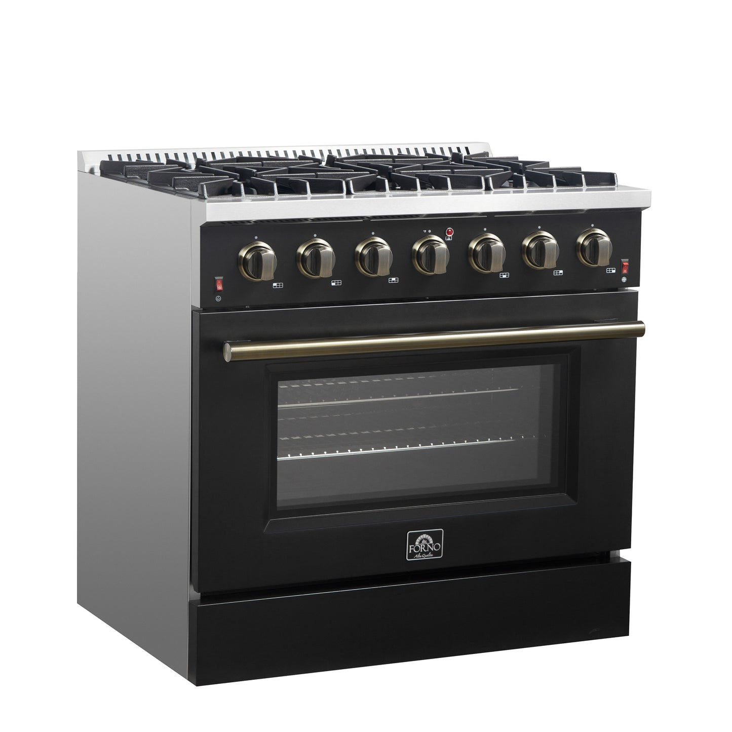 Cocina a gas independiente Forno Galiano de 91 cm en color negro con diseño de latón antiguo, 6 quemadores, 83 000 BTU, horno de convección de 1,6 m³