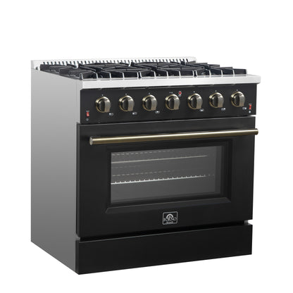 Cocina a gas independiente Forno Galiano de 91 cm en color negro con diseño de latón antiguo, 6 quemadores, 83 000 BTU, horno de convección de 1,6 m³