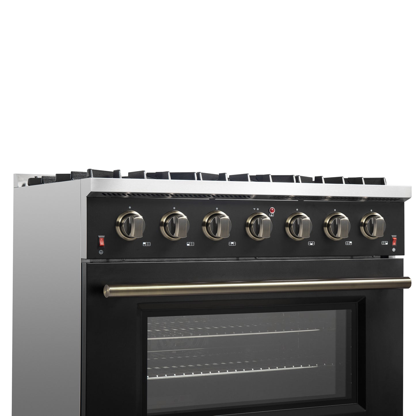 Cocina a gas independiente Forno Galiano de 91 cm en color negro con diseño de latón antiguo, 6 quemadores, 83 000 BTU, horno de convección de 1,6 m³