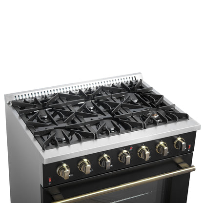 Cocina a gas independiente Forno Galiano de 91 cm en color negro con diseño de latón antiguo, 6 quemadores, 83 000 BTU, horno de convección de 1,6 m³