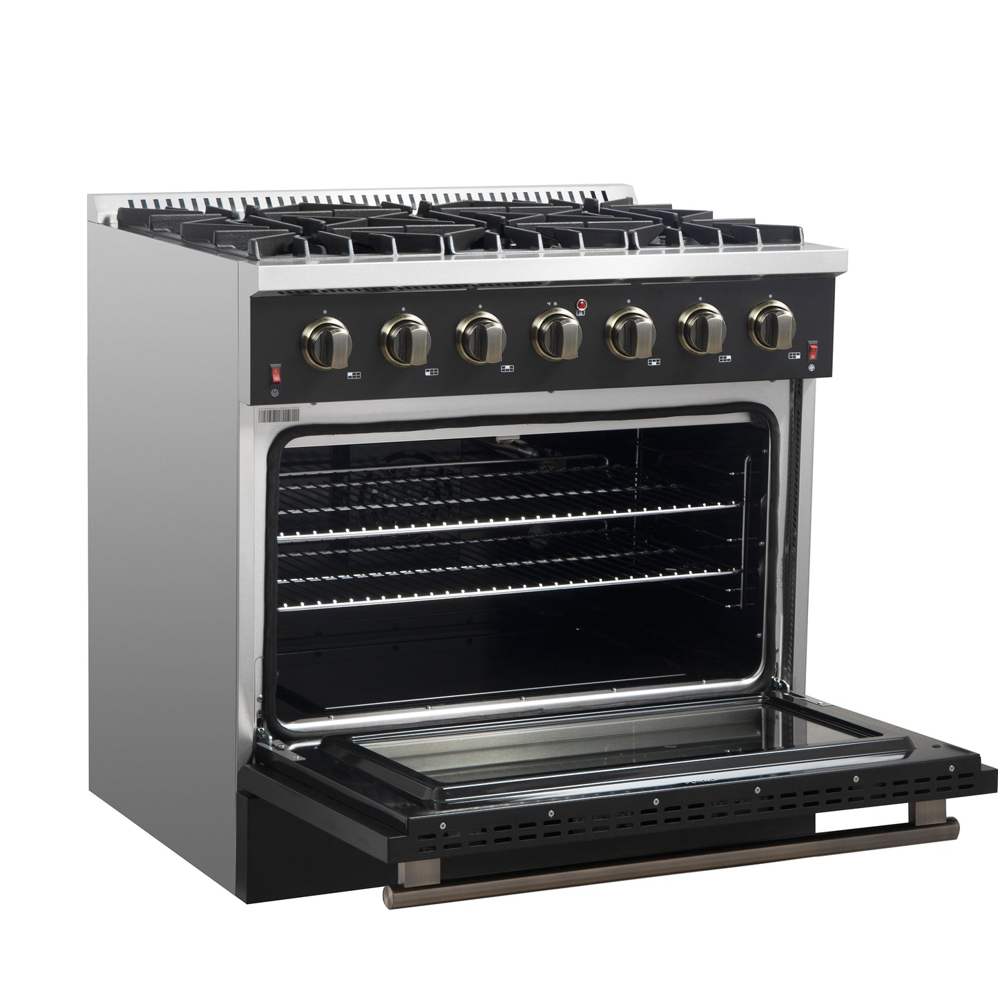 Cocina a gas independiente Forno Galiano de 91 cm en color negro con diseño de latón antiguo, 6 quemadores, 83 000 BTU, horno de convección de 1,6 m³