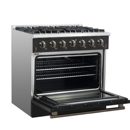 Cocina a gas independiente Forno Galiano de 91 cm en color negro con diseño de latón antiguo, 6 quemadores, 83 000 BTU, horno de convección de 1,6 m³