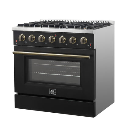 Cocina a gas independiente Forno Galiano de 91 cm en color negro con diseño de latón antiguo, 6 quemadores, 83 000 BTU, horno de convección de 1,6 m³