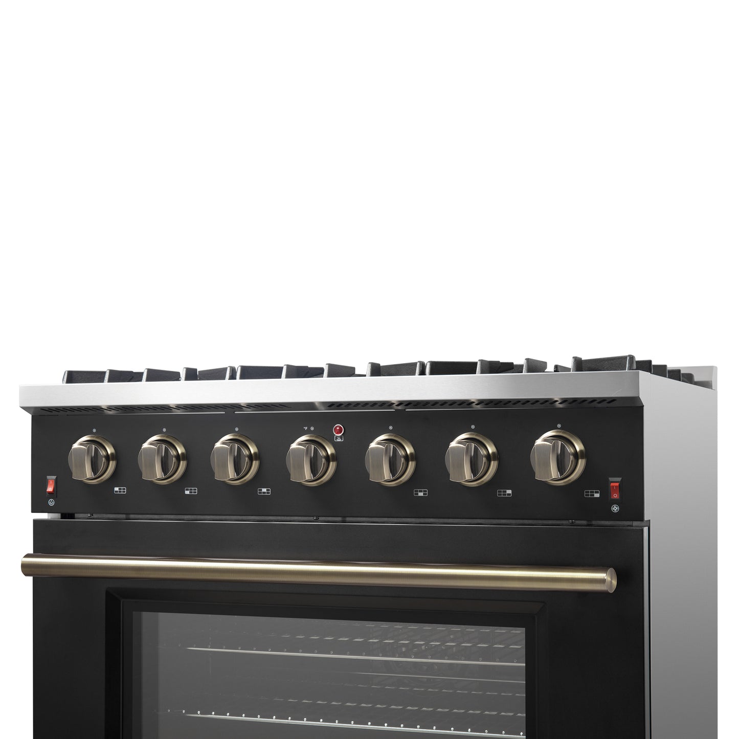 Cocina a gas independiente Forno Galiano de 91 cm en color negro con diseño de latón antiguo, 6 quemadores, 83 000 BTU, horno de convección de 1,6 m³