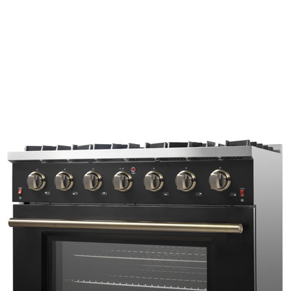 Cocina a gas independiente Forno Galiano de 91 cm en color negro con diseño de latón antiguo, 6 quemadores, 83 000 BTU, horno de convección de 1,6 m³