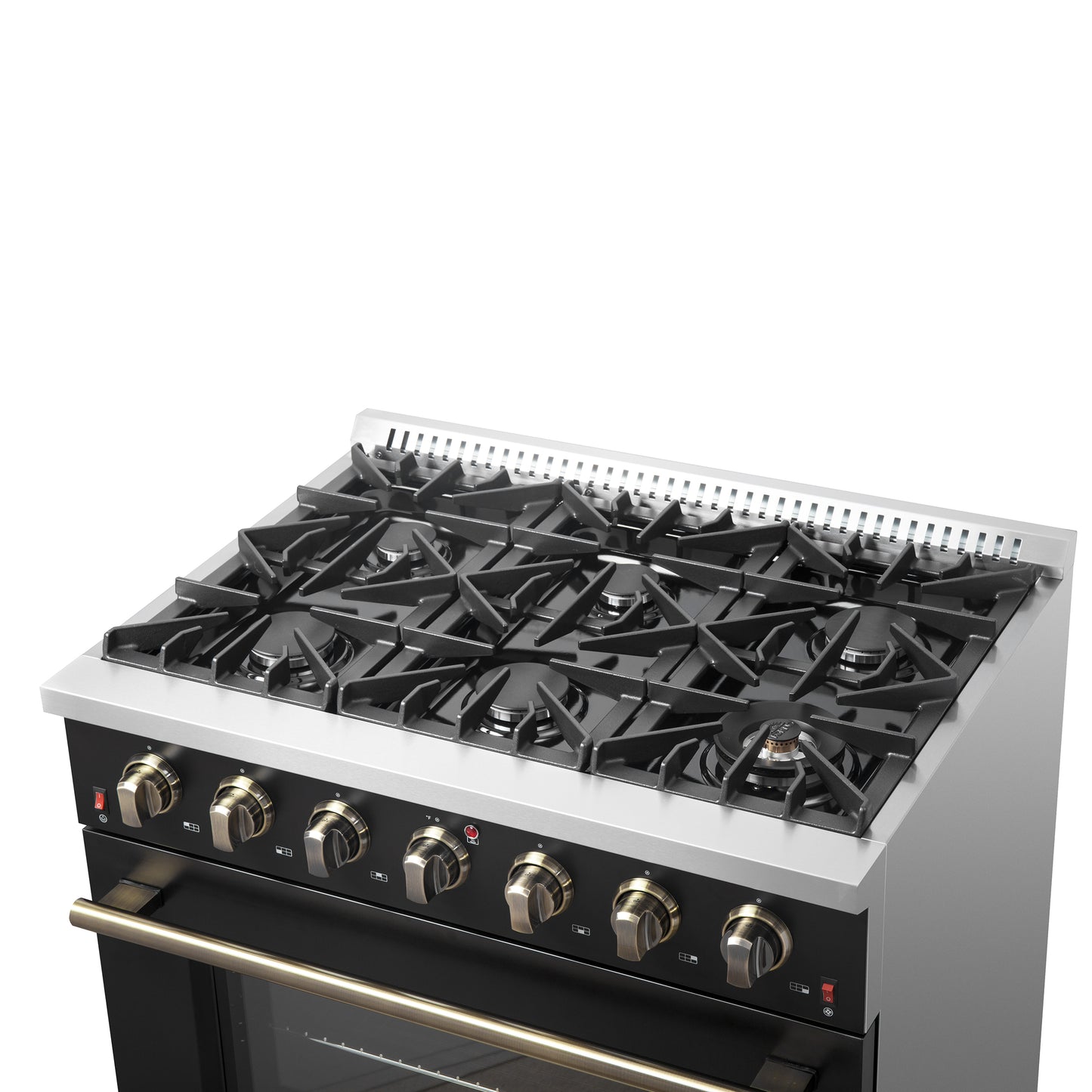 Cocina a gas independiente Forno Galiano de 91 cm en color negro con diseño de latón antiguo, 6 quemadores, 83 000 BTU, horno de convección de 1,6 m³