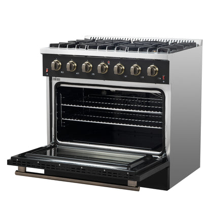 Cocina a gas independiente Forno Galiano de 91 cm en color negro con diseño de latón antiguo, 6 quemadores, 83 000 BTU, horno de convección de 1,6 m³
