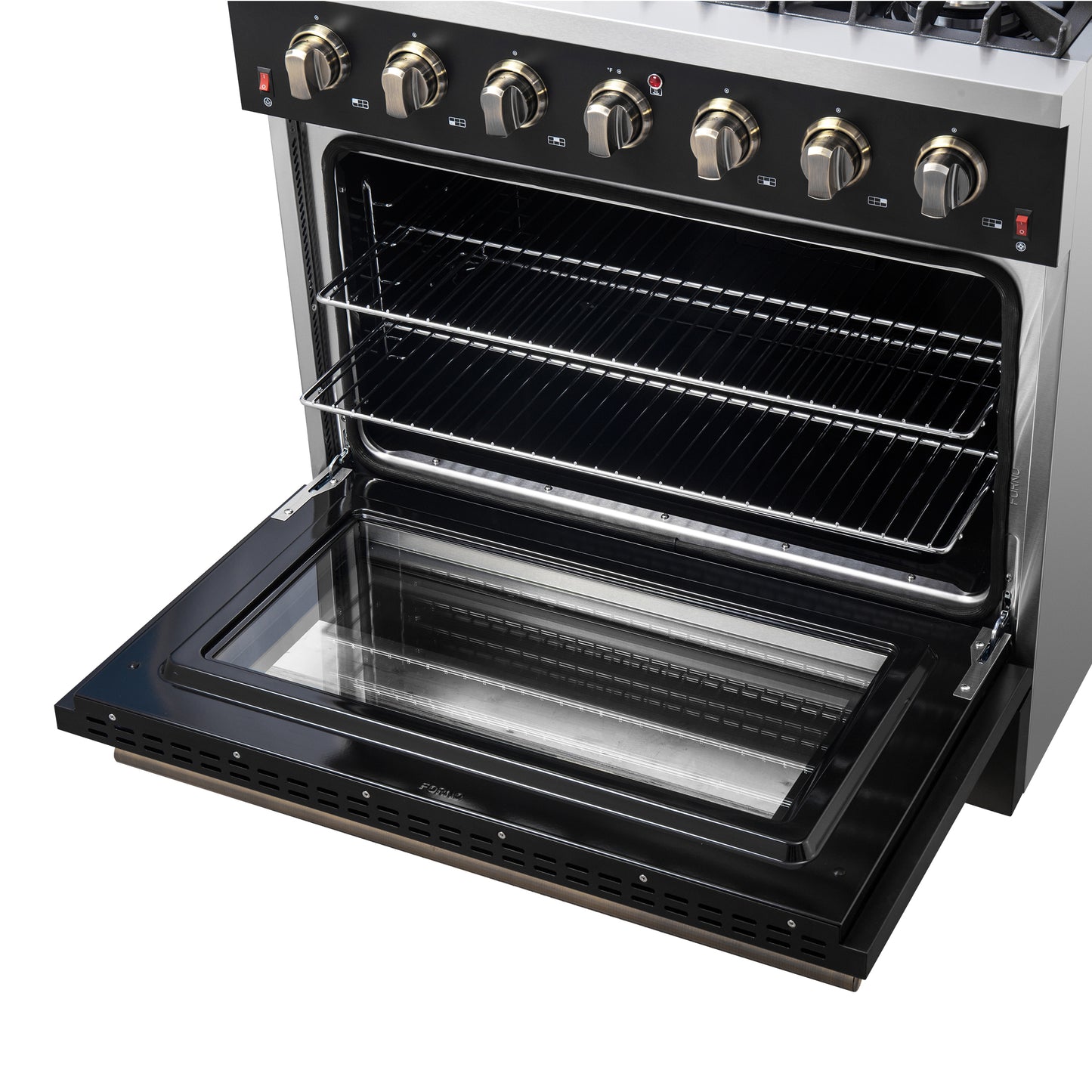 Cocina a gas independiente Forno Galiano de 91 cm en color negro con diseño de latón antiguo, 6 quemadores, 83 000 BTU, horno de convección de 1,6 m³