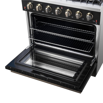 Cocina a gas independiente Forno Galiano de 91 cm en color negro con diseño de latón antiguo, 6 quemadores, 83 000 BTU, horno de convección de 1,6 m³